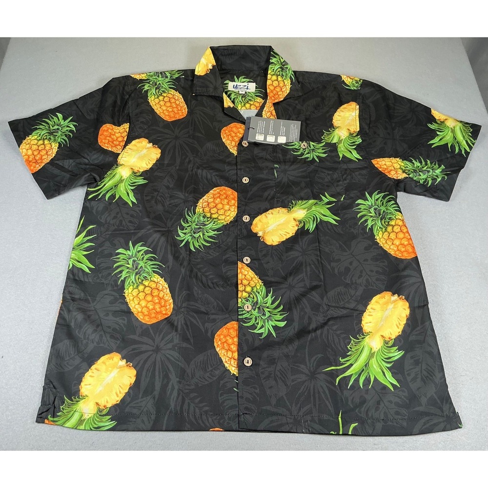 Uzzi Amphibious Gear Pineapple Hawaiian Shirt MED Black Tropical Button Up NWT
